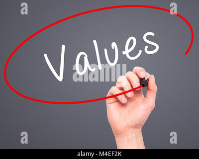 Hand Writing Values Man Hand writing Guideline with black marker on visual screen. Isolated ...
