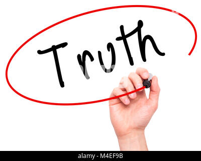 Man Hand writing Truth with marker on transparent wipe board Stock Photo