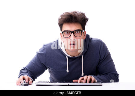 Funny nerd man working on computer isolated on white Stock Photo