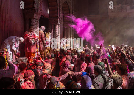 Vrindavan, India - March 22, 2016: Holi celebration in the Hindu Banke Bihare temple in Vrindavan, Uttar Pradesh, India. Stock Photo