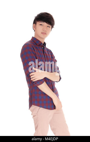 Handsome Asian man in checkered shirt. Stock Photo