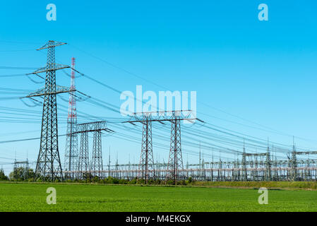 Transmission towers and relay station seen in Germany Stock Photo