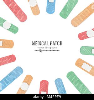 Medical Patch Vector. First Aid Band Plaster Strip Medical Patch Icon Set. Two Sides. Different Plasters Types. Realistic Illustration Isolated On Whi Stock Vector
