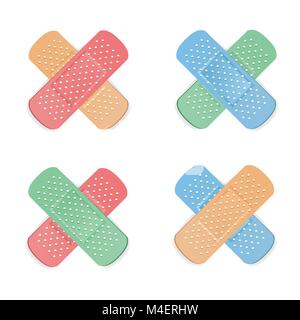 Medical Patch Vector. First Aid Band Plaster Strip Medical Patch Icon Set. Two Sides. Different Plasters Types. Realistic Illustration Isolated On Whi Stock Vector