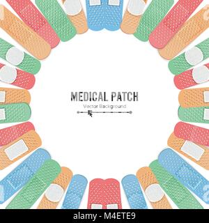 Medical Patch Vector. First Aid Band Plaster Strip Medical Patch Icon Set. Two Sides. Different Plasters Types. Realistic Illustration Isolated On Whi Stock Vector