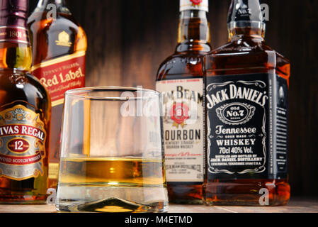 Bottles of global whiskey brands Stock Photo