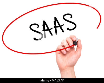 Man Hand writing SAAS with black marker on visual screen Stock Photo