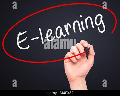 Man Hand writing E-learning with black marker on visual screen ...