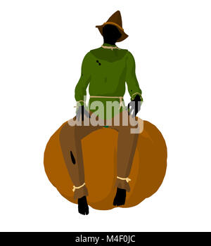 Halloween scarecrow sitting on a pumpkin silhouette illustration on a white background Stock Photo