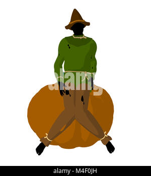 Halloween scarecrow sitting on a pumpkin silhouette illustration on a white background Stock Photo