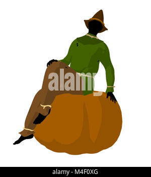 Halloween scarecrow sitting on a pumpkin silhouette illustration on a white background Stock Photo