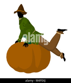 Halloween scarecrow sitting on a pumpkin silhouette illustration on a white background Stock Photo