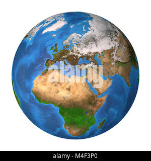 Realistic satellite view of planet Earth in high resolution, focused on Europe, Africa and Asia. 3D illustration, isolated on white. Elements of this  Stock Photo