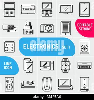 Technology icons set. Outline style. Collection electronics Multimedia and Devices. Vector Illustration Stock Vector
