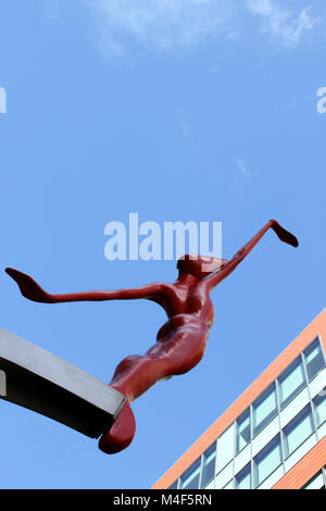 Upright view Spofforth sculpted  figure against deep blue sky Stock Photo