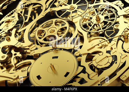 Gold mechanism, clockwork with working gears. Stock Photo