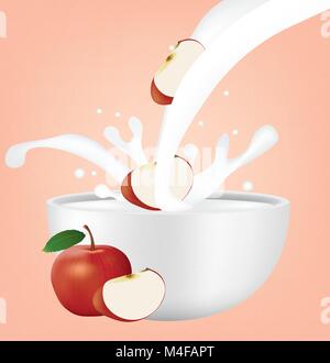 Apple slice in milk splash, vector Stock Vector