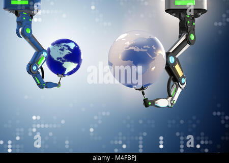 Robotic arms holding earth Stock Photo