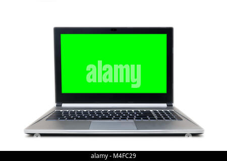 front view af isolated grey and black laptop with green screen Stock Photo