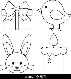Line art black and white easter icon set chicken chick bunny face candle, gift box. Stock Vector