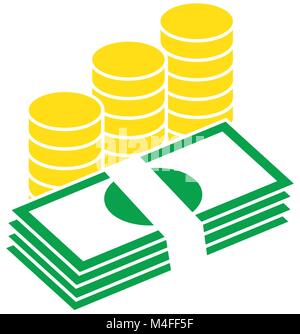 Pile of bank notes or bills and coins stacked. Currency icon or logo vector. Symbol for banking or finances. Stock Vector