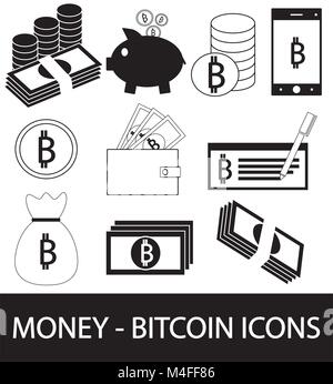 Set, collection or pack of Bitcoin crypto currency icon, logo or vector. Coins, notes or bills, cell or mobile phone, wallet or check. Symbol for bank Stock Vector