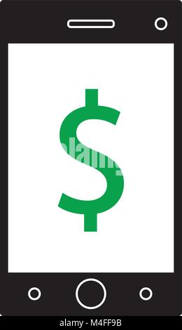 Dollar currency icon or logo vector on a cell phone, mobile phone or Smartphone screen or display. Symbol for United States of America bank, banking o Stock Vector
