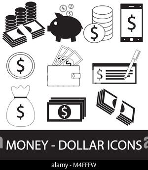 Set, collection or pack of Dollar currency icon or logo vector. Coins, notes or bills, cell or mobile phone, wallet or check. Symbol for United States Stock Vector