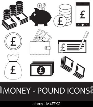 Set, collection or pack of Pound currency icon or logo. Coins, notes or bills, cell or mobile phone, wallet or check. Symbol for United Kingdom or Gre Stock Vector
