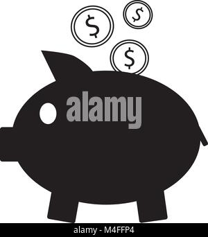 Dollar currency icon or logo vector on coins entering a piggy bank. Symbol for United States of America bank, banking or American finances Stock Vector