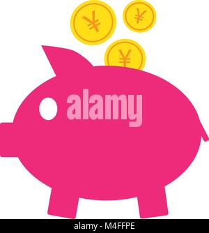 Yen, Yuan or Renminbi currency icon or logo vector on coins entering a piggy bank. Symbol for Japanese or Chinese bank, banking or Japan and China fin Stock Vector