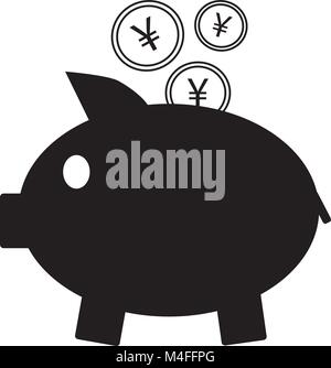Yen, Yuan or Renminbi currency icon or logo vector on coins entering a piggy bank. Symbol for Japanese or Chinese bank, banking or Japan and China fin Stock Vector