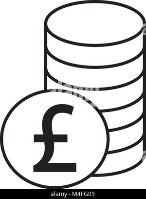 Pound Sterling currency icon or logo vector over a pile of coins stack. Symbol for United Kingdom or Great Britain and England bank, banking or Britis Stock Vector