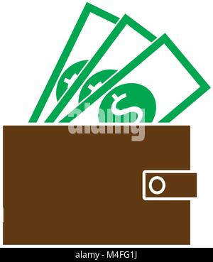 Dollar currency icon or logo vector on notes popping out of a wallet. Symbol for United States of America bank, banking or British and English finance Stock Vector