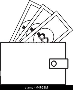Bitcoin crypto currency icon or logo vector on notes popping out of a wallet. Symbol for bank or banking on a digital economy with virtual cash and cu Stock Vector