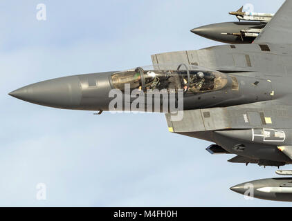 F-15 E Strike Eagle low level flying training in Wales LFA7 (The Mach Loop) Stock Photo