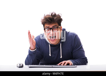 Funny nerd man working on computer isolated on white Stock Photo