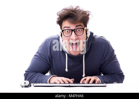 Funny nerd man working on computer isolated on white Stock Photo