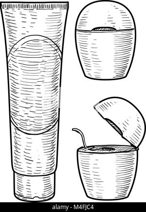 Toothpaste tube, dental floss illustration, drawing, engraving, ink, line art, vector Stock Vector