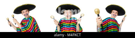 Funny young mexican shaking maracas isolated on white Stock Photo