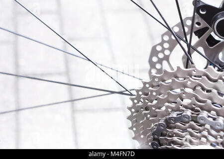 Bicycle gear, disk brake and metal chain rings detail, close up shot of a black hydraulic mountainbike disc brake installed in rear wheel. Stock Photo