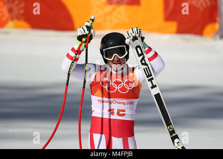 Pyeongchang, South Korea. 16th Feb, 2018. Matthias Mayer of Austria in the men's Super G alpine skiing event during the Pyeongchang 2018 winter olympics in Jeongseon, South Korea. Photo: Daniel Karmann/dpa Stock Photo