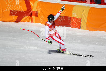 Pyeongchang, South Korea. 16th Feb, 2018. Matthias Mayer of Austria in the men's Super G alpine skiing event during the Pyeongchang 2018 winter olympics in Jeongseon, South Korea. Photo: Daniel Karmann/dpa Stock Photo