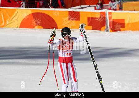 Pyeongchang, South Korea. 16th Feb, 2018. Matthias Mayer of Austria in the men's Super G alpine skiing event during the Pyeongchang 2018 winter olympics in Jeongseon, South Korea. Photo: Daniel Karmann/dpa Stock Photo