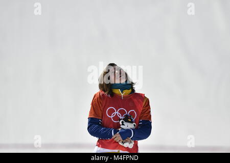 Pyeongchang, Korea. 16th Feb, 2018. Bronze medal winner Eva Samkova, of the Czech Republic, celebrates after the women's snowboard finals at Phoenix Snow Park at the 2018 Winter Olympics in Pyeongchang, South Korea, February 16, 2018. Credit: Michal Kamaryt/CTK Photo/Alamy Live News Stock Photo