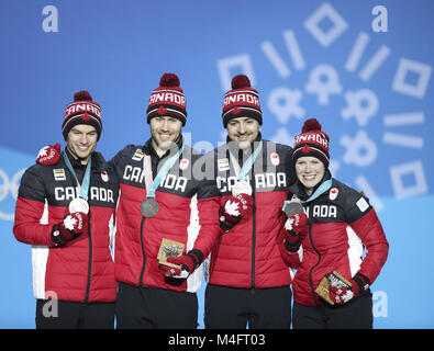 Pyeongchang, South Korea. 16th Feb, 2018. Members of second-placed team Canada pose for photos during medal ceremony of team relay competition of luge at 2018 PyeongChang Winter Olympic Games at Medal Plaza, PyeongChang, South Korea, Feb. 16. 2018. Credit: Bai Xuefei/Xinhua/Alamy Live News Stock Photo