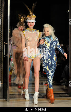 London, UK.  16 February 2018. (R) Pam Hogg at her show at Fashion Scout AW18, part of London Fashion Week, taking place at Freemasons Hall in Covent Garden. Credit: Stephen Chung / Alamy Live News Stock Photo