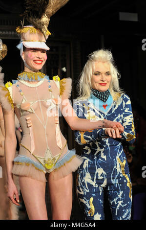 London, UK.  16 February 2018. (R) Pam Hogg at her show at Fashion Scout AW18, part of London Fashion Week, taking place at Freemasons Hall in Covent Garden. Credit: Stephen Chung / Alamy Live News Stock Photo