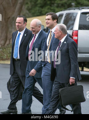 From left to right: Dan Scavino, White House Director of Social Media and Assistant to the President; General John Kelly, White House Chief of Staff; Johnny DeStefano, Assistant to President Donald Trump and Director of the Office of Presidential Personnel; and General Joseph 'Keith' Kellogg Jr., chief of staff and executive secretary for the National Security Council, walk to Marine One to accompany United States President Donald J. Trump from the White House in Washington, DC for a trip to Mar-a-Lago, Florida for the week-end on Friday, February 16, 2018. Credit: Ron Sachs/CNP /MediaPunch Stock Photo