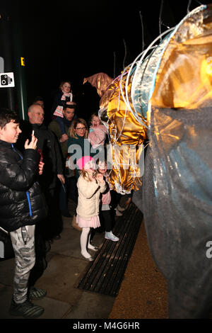 Oldham, UK. 16th Feb, 2018. A giant horses head puppet entertaining children, Oldham, 16th February, 2018 (C)Barbara Cook/Alamy Live News Stock Photo